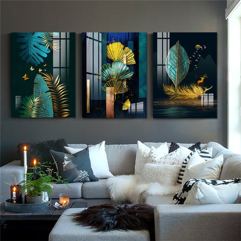 3 Panels Cheap Canvas Art Painting Chinese Style Green and Gold Waterproof Wall Art Prints Home Decor Canvas Posters Prints